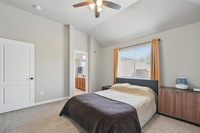 4624 Southpointe Dr, Richardson, TX 75082 - bedroom with lofted ceiling, light colored carpet, baseboards, ceiling fan, and ensuite bath