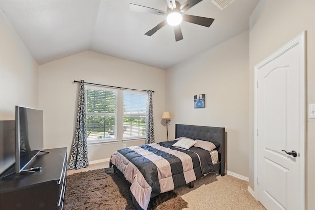 4624 Southpointe Dr, Richardson, TX 75082 - bedroom with carpet floors, lofted ceiling, baseboards, and a ceiling fan