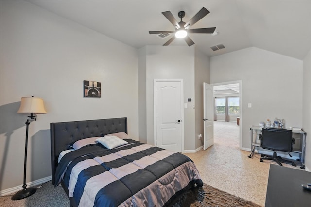4624 Southpointe Dr, Richardson, TX 75082 - bedroom with light colored carpet, lofted ceiling, baseboards, and ceiling fan
