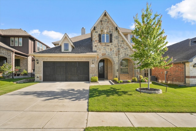 3525 Beaumont Dr, Wylie, TX 75098 - french country inspired facade featuring brick siding, a chimney, a garage, a front yard, and driveway
