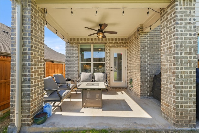 3525 Beaumont Dr, Wylie, TX 75098 - view of patio / terrace with a ceiling fan, an outdoor hangout area, and fence
