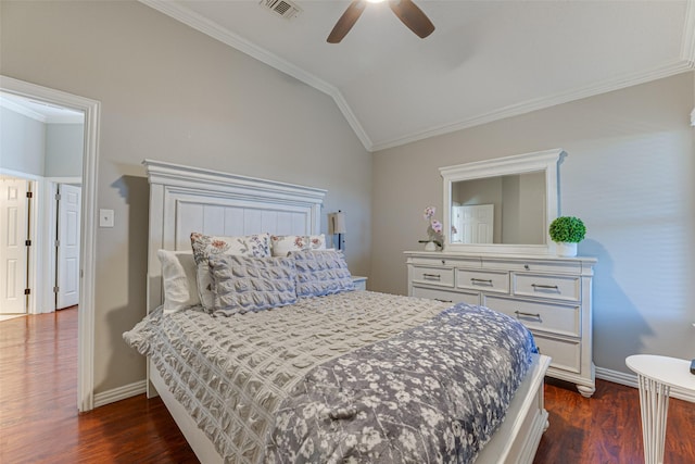 2505 Hillary Trl, Mansfield, TX 76063 - bedroom with lofted ceiling, crown molding, dark wood-style flooring, baseboards, and a ceiling fan