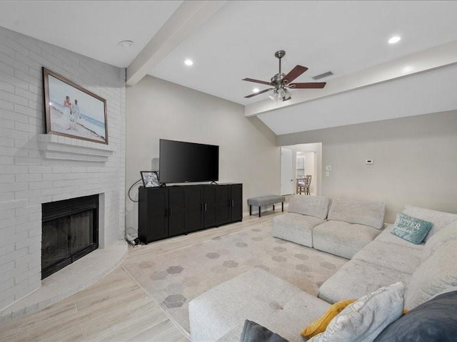 1008 Breezewood Dr, Arlington, TX 76017 - living room with a ceiling fan, wood finished floors, a brick fireplace, and recessed lighting