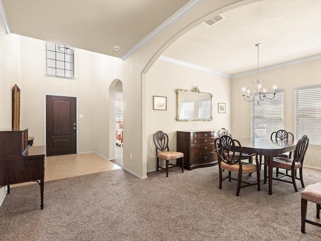 14361 Mariposa Lily Ln, Fort Worth, TX 76052 - dining space featuring arched walkways, a chandelier, carpet, ornamental molding, and plenty of natural light