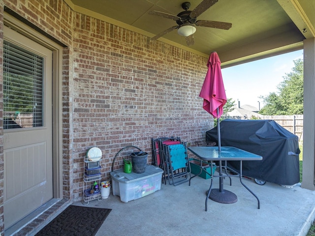 14361 Mariposa Lily Ln, Fort Worth, TX 76052 - view of patio / terrace featuring ceiling fan, fence, grilling area, and outdoor dining area