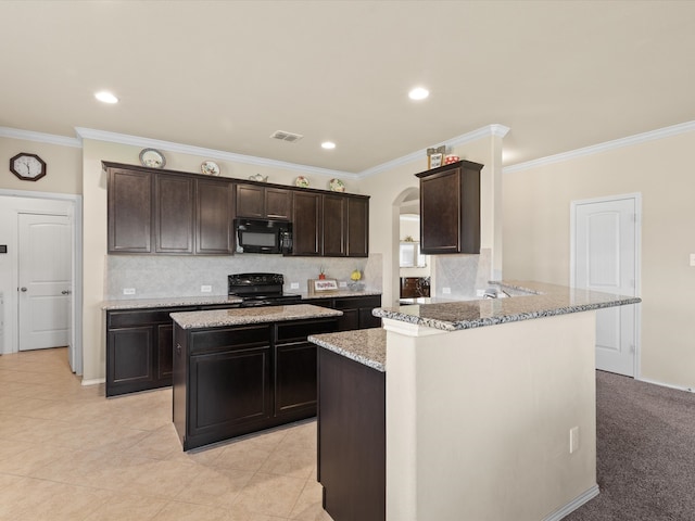 14361 Mariposa Lily Ln, Fort Worth, TX 76052 - kitchen featuring black appliances, arched walkways, decorative backsplash, light stone countertops, and crown molding