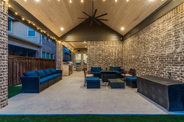 view of patio / terrace with an outdoor hangout area, a ceiling fan, and fence