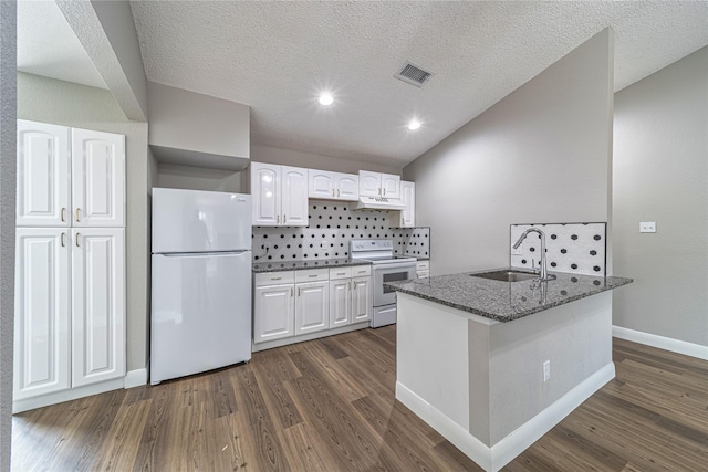 3809 Glengate Dr, Arlington, TX 76016 - kitchen with white appliances, a sink, under cabinet range hood, white cabinets, and backsplash
