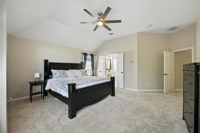 2726 Bandolier Ln, Frisco, TX 75033 - bedroom featuring light colored carpet, vaulted ceiling, ceiling fan, and ensuite bathroom
