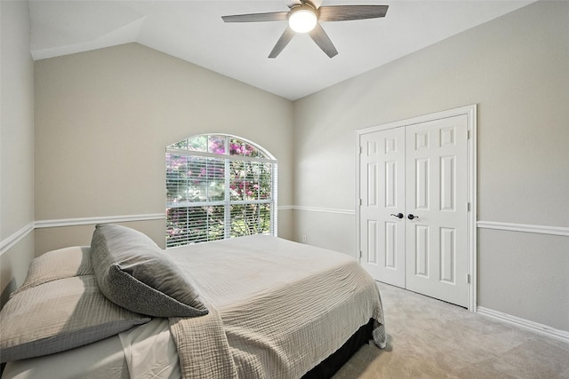 2726 Bandolier Ln, Frisco, TX 75033 - bedroom featuring vaulted ceiling, light carpet, a closet, and ceiling fan
