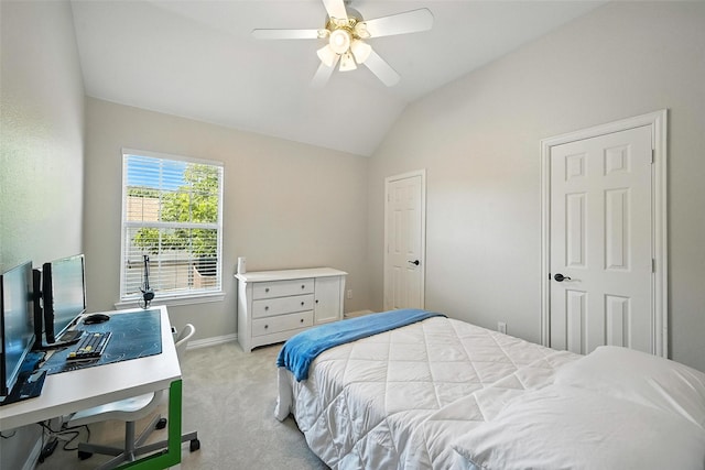 2726 Bandolier Ln, Frisco, TX 75033 - bedroom featuring light colored carpet, lofted ceiling, an office area, and a ceiling fan