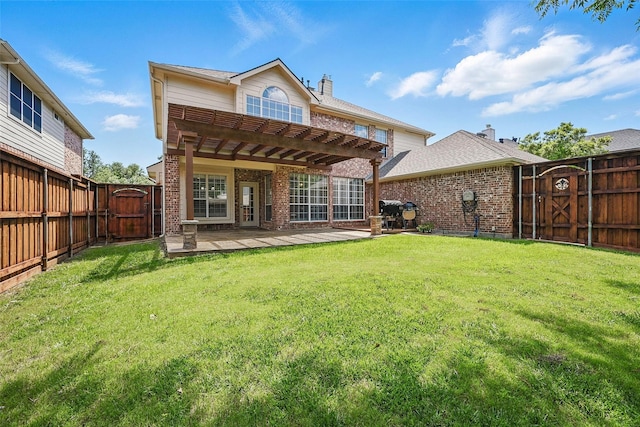 2726 Bandolier Ln, Frisco, TX 75033 - back of house featuring a gate, brick siding, a pergola, a chimney, and a fenced backyard
