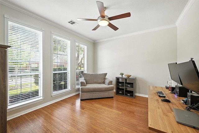 2726 Bandolier Ln, Frisco, TX 75033 - office space featuring ceiling fan, light wood finished floors, and crown molding