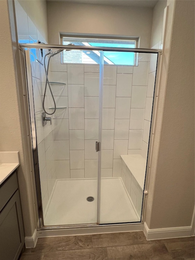 5266 Meadow Ln, Krum, TX 76249 - full bath with a stall shower, vanity, and baseboards