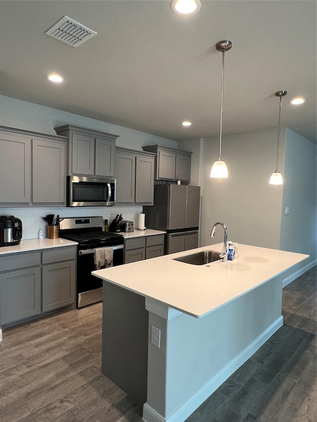 5266 Meadow Ln, Krum, TX 76249 - kitchen featuring appliances with stainless steel finishes, gray cabinetry, a sink, a center island with sink, and recessed lighting