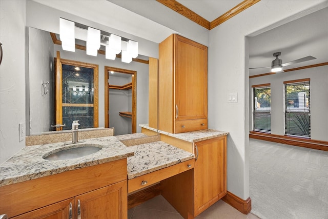 4029 Whiterock Trl, Garland, TX 75043 - bathroom with crown molding, vanity, and a ceiling fan