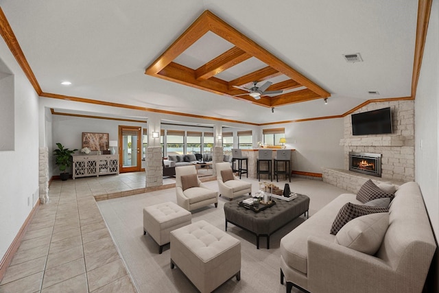 4029 Whiterock Trl, Garland, TX 75043 - tiled living room featuring baseboards, a ceiling fan, a fireplace, crown molding, and beam ceiling