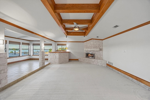 4029 Whiterock Trl, Garland, TX 75043 - unfurnished living room featuring beam ceiling, baseboards, a fireplace, carpet flooring, and a ceiling fan