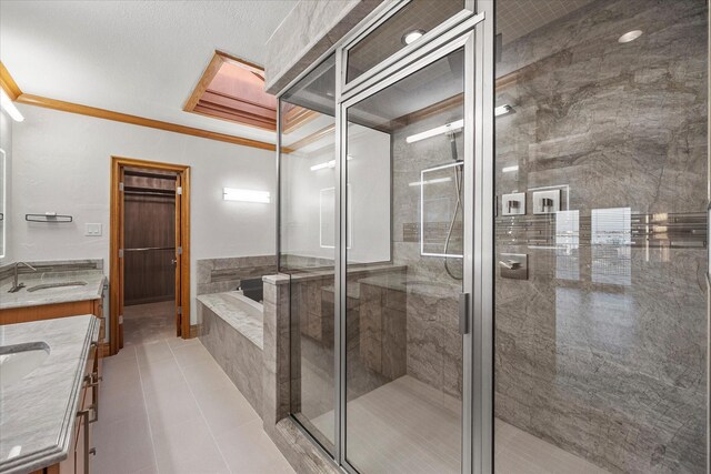 4029 Whiterock Trl, Garland, TX 75043 - full bath with vanity, a shower stall, a bath, tile patterned floors, and ornamental molding