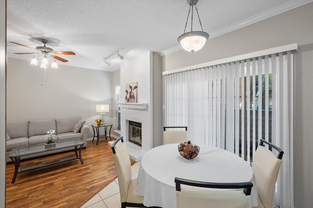 2101 Saint Michaels Dr Unit 109, Arlington, TX 76011 - tiled dining space featuring ornamental molding, rail lighting, a ceiling fan, a fireplace, and a textured ceiling
