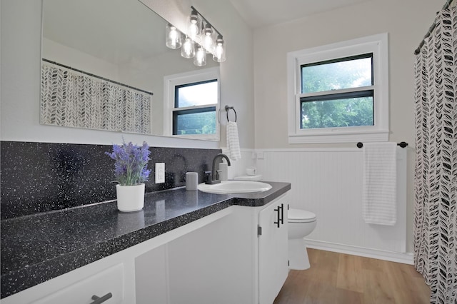 610 Phillips St, Cleburne, TX 76033 - bathroom featuring a wainscoted wall, double vanity, toilet, healthy amount of natural light, and wood finished floors