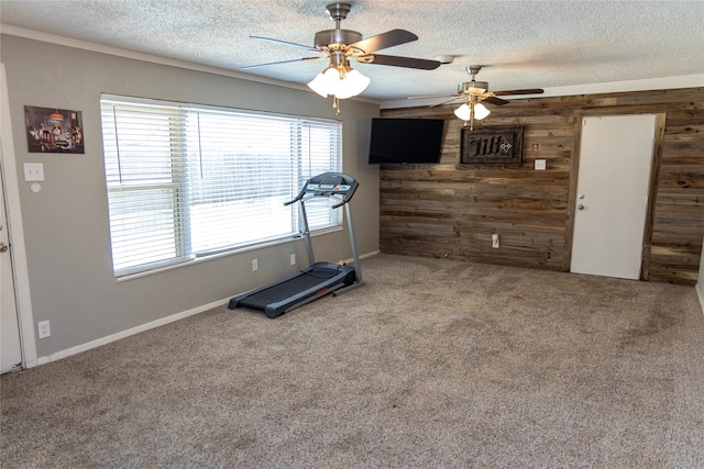exercise room with wood walls, a ceiling fan, carpet, a textured ceiling, and baseboards