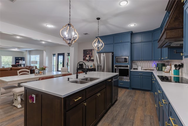 117 Rock Salt Dr, Springtown, TX 76082 - kitchen featuring appliances with stainless steel finishes, a sink, a chandelier, blue cabinets, and open floor plan