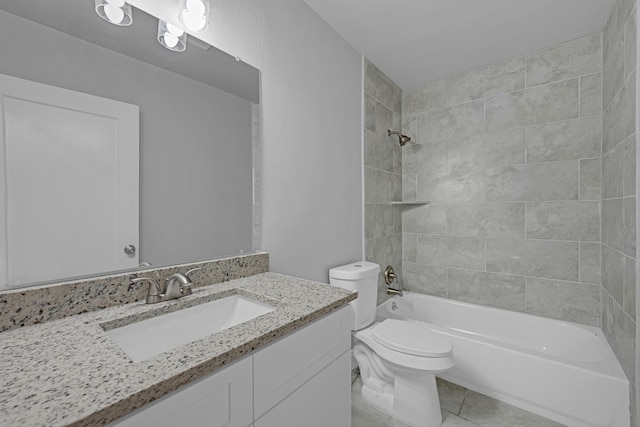 3329 8th Ave, Fort Worth, TX 76110 - bathroom featuring toilet, vanity, shower / bathtub combination, and tile patterned flooring