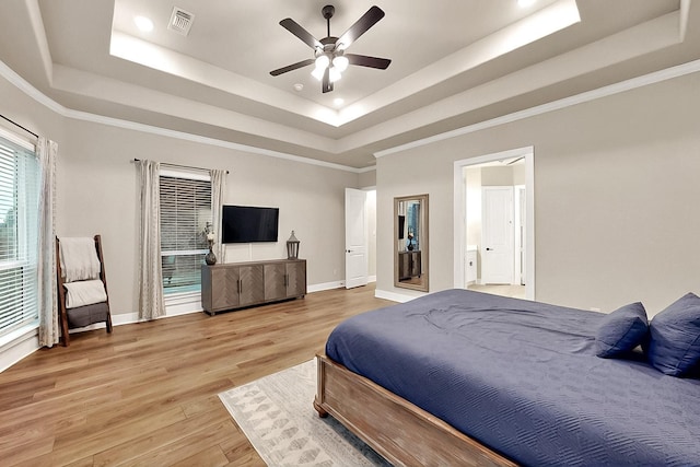 308 Secretariat, Hickory Creek, TX 75065 - bedroom featuring a tray ceiling, light wood-type flooring, recessed lighting, baseboards, and ceiling fan
