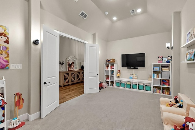 308 Secretariat, Hickory Creek, TX 75065 - rec room featuring carpet flooring, recessed lighting, and lofted ceiling
