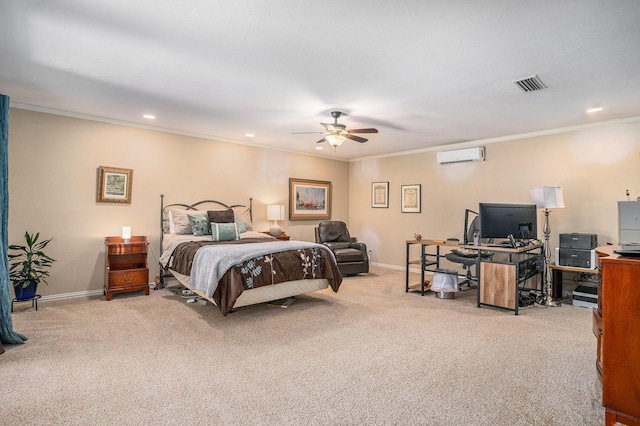 4151 Oakcrest Ln, Fort Worth, TX 76126 - bedroom with a wall mounted AC, carpet flooring, an office area, crown molding, and baseboards