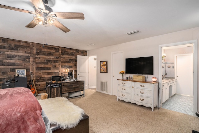 4151 Oakcrest Ln, Fort Worth, TX 76126 - bedroom featuring light colored carpet, a ceiling fan, and ensuite bath
