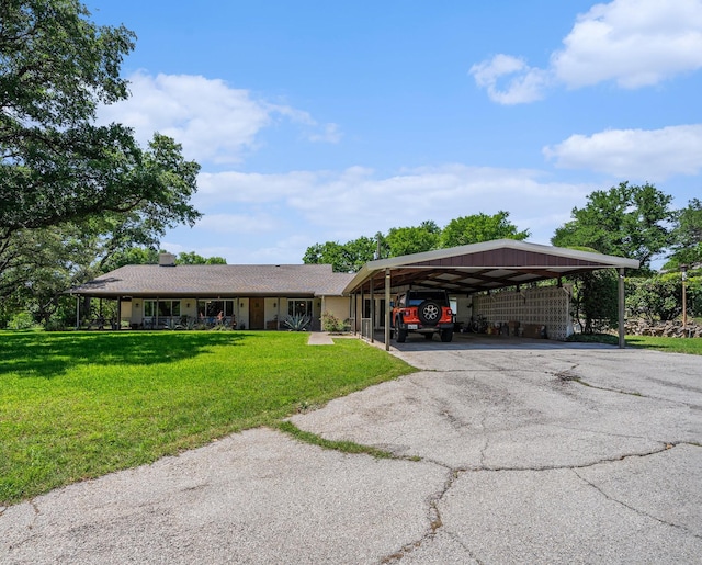 4151 Oakcrest Ln, Fort Worth, TX 76126 - view of front of house with driveway, a front lawn, a chimney, and a porch