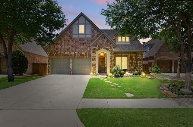 3063 Mitchell Way, The Colony, TX 75056 - tudor house featuring stone siding, concrete driveway, an attached garage, and a shingled roof
