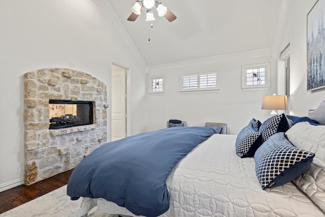 3063 Mitchell Way, The Colony, TX 75056 - bedroom with ornamental molding, lofted ceiling, wood finished floors, ceiling fan, and baseboards