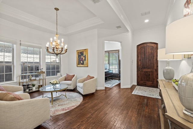 3063 Mitchell Way, The Colony, TX 75056 - living area with dark wood-style floors, a chandelier, baseboards, ornamental molding, and recessed lighting