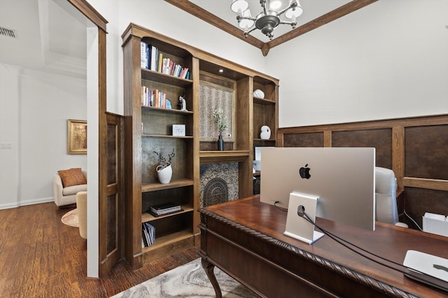 3063 Mitchell Way, The Colony, TX 75056 - home office featuring a chandelier, dark wood-type flooring, and crown molding