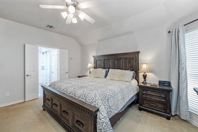 3601 Carmel Mountain Dr, Mckinney, TX 75070 - bedroom featuring light colored carpet, lofted ceiling, baseboards, and ceiling fan