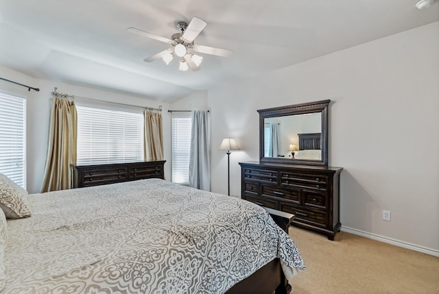 3601 Carmel Mountain Dr, Mckinney, TX 75070 - bedroom featuring light colored carpet, baseboards, a ceiling fan, and vaulted ceiling