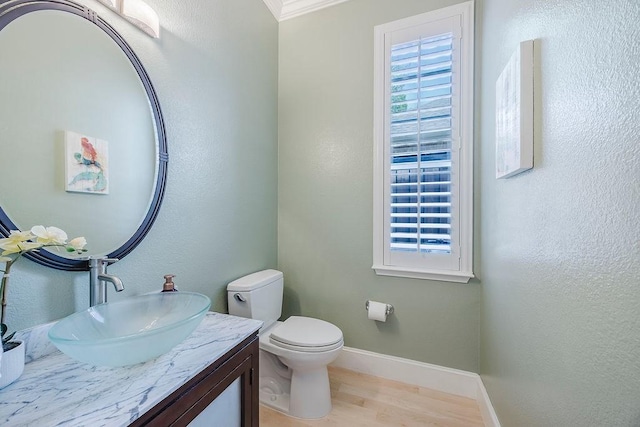 513 Suncreek Dr, Allen, TX 75013 - bathroom with baseboards, wood finished floors, toilet, vanity, and crown molding