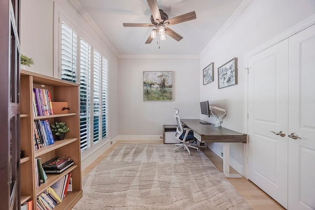513 Suncreek Dr, Allen, TX 75013 - office space with ceiling fan, baseboards, crown molding, and light wood-style floors