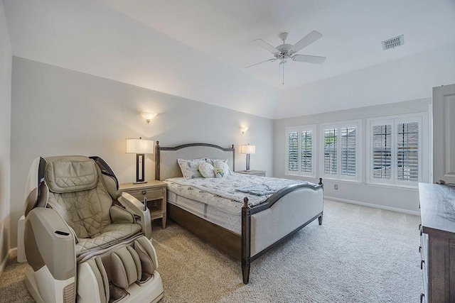 513 Suncreek Dr, Allen, TX 75013 - bedroom with light colored carpet, baseboards, vaulted ceiling, and ceiling fan