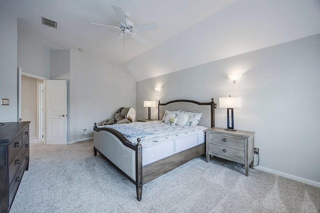 513 Suncreek Dr, Allen, TX 75013 - bedroom featuring light carpet, vaulted ceiling, baseboards, and a ceiling fan