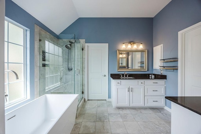 513 Suncreek Dr, Allen, TX 75013 - full bathroom with vaulted ceiling, healthy amount of natural light, a stall shower, a soaking tub, and vanity