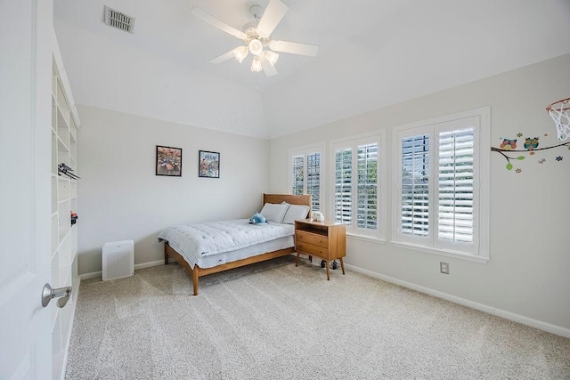 513 Suncreek Dr, Allen, TX 75013 - carpeted bedroom with baseboards, ceiling fan, and vaulted ceiling