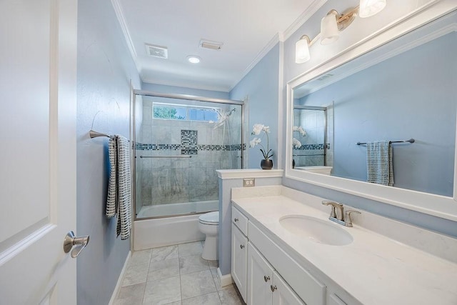 513 Suncreek Dr, Allen, TX 75013 - bathroom with toilet, ornamental molding, vanity, combined bath / shower with glass door, and baseboards