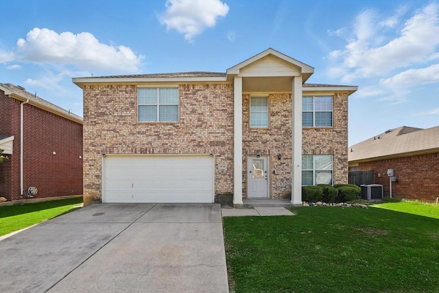 10748 Irish Glen Trl, Fort Worth, TX 76052 - view of front of property with a garage, brick siding, concrete driveway, a front lawn, and cooling unit