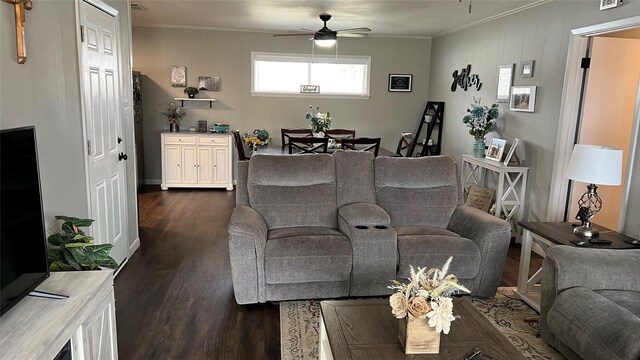 501 Linda Kay Dr, Winnsboro, TX 75494 - living room with dark wood finished floors, a ceiling fan, and ornamental molding
