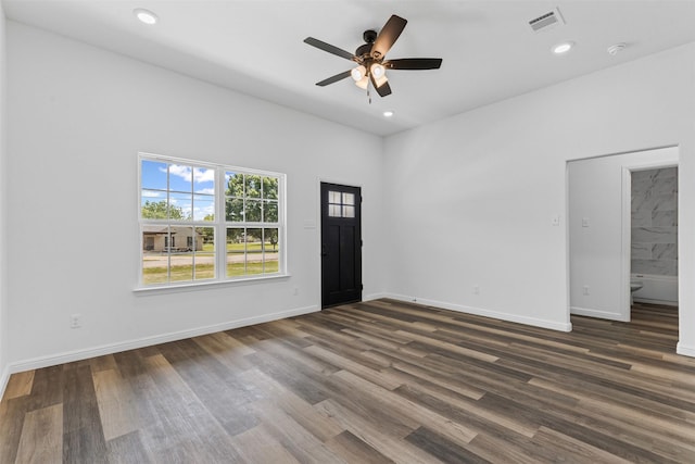 1612 Cheyenne Trl, Granbury, TX 76048 - empty room featuring ceiling fan, dark wood-style floors, recessed lighting, and baseboards