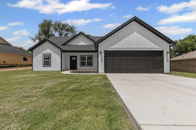1612 Cheyenne Trl, Granbury, TX 76048 - view of front of house with a shingled roof, an attached garage, board and batten siding, a front lawn, and driveway
